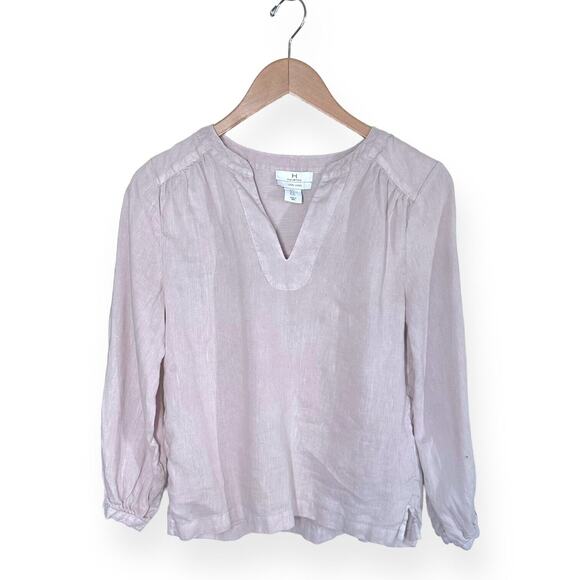H HALSTON 100% Linen Split Neck Blouse Blush Pink Top Long Sleeve Soft Medium - Picture 6 of 9